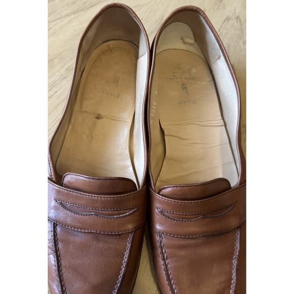 VTG Polo Ralph Lauren Penny Loafers Mens 9 Leather Full Strap Slip On Tan Italy - Picture 12 of 16